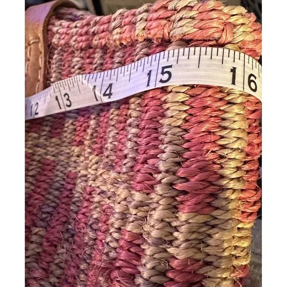Vintage Woven Sisal Market Tote Bucket Bag Leather Straps Round Striped Boho